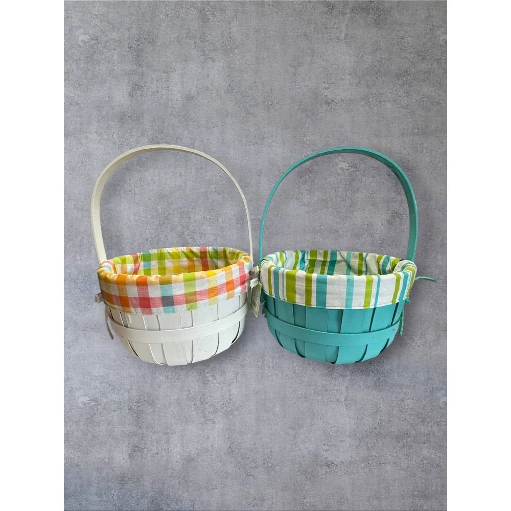 Baskets and Grass Easter Basket Set of 2 Kids White Teal Gingham Striped Slats